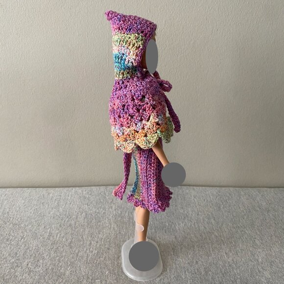 Handmade Crochet Pink Multicolour Dress+Cape+Belt for 29cm Doll 3-Piece Outfit - Picture 6 of 13